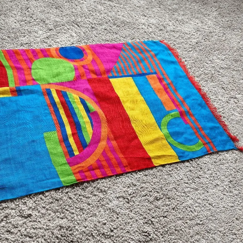 VTG Liz Claiborne Geometric Scarf 17x56 Memphis Colorblock Fringe Dopamine